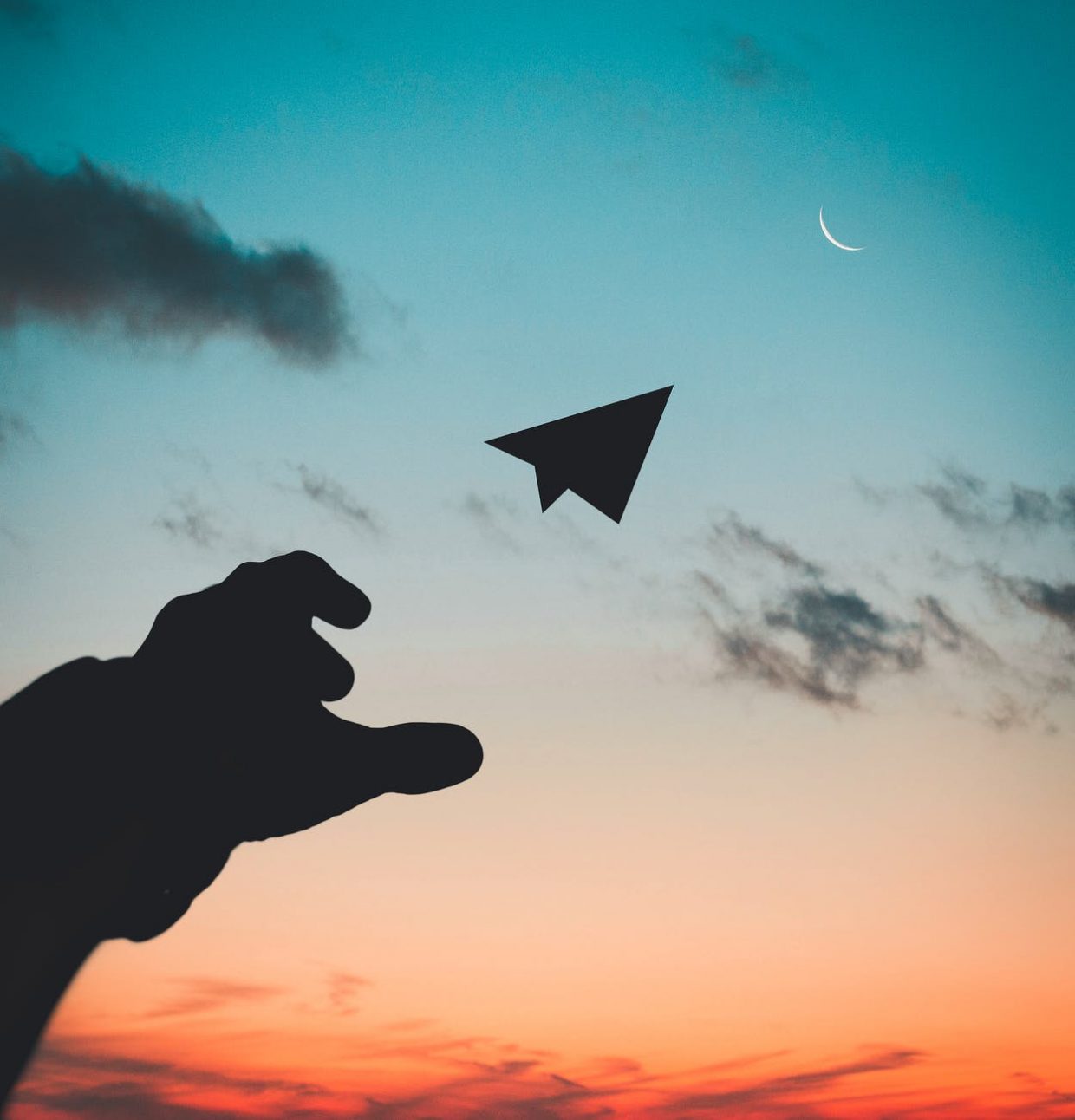 silhouette photo of man throw paper plane