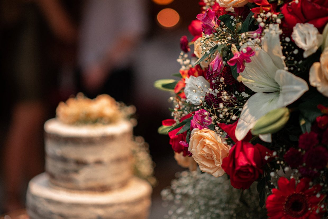 bouquet of flowers and cake